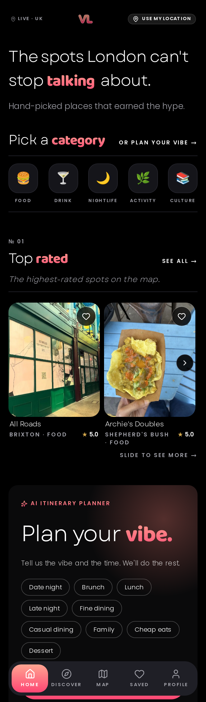 viraloca home screen showing curated spots and the vibe planner
